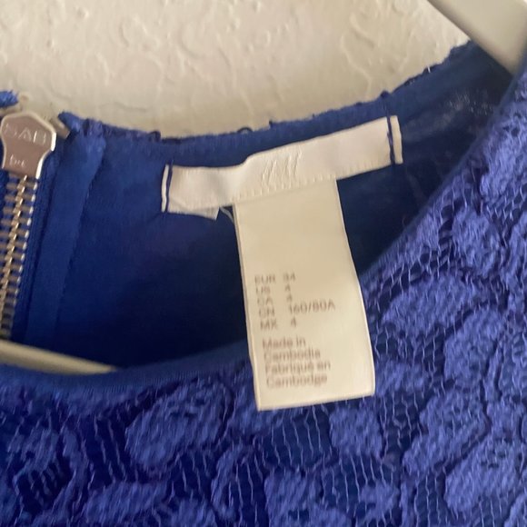 H&M Womens Mini Dress Lace Long Sleeve Floral Size 4 Spring Cobalt Blue Feminine - Picture 10 of 11